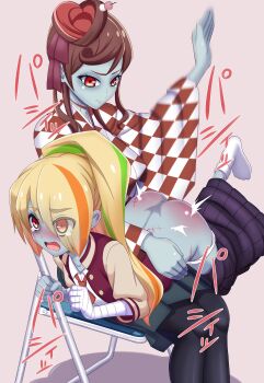 2girls absurdres argyle_clothes argyle_kimono ass bent_over bent_over_lap black_footwear black_skirt blonde_hair blue_skin breasts brown_hair butt_crack checkered_clothes checkered_kimono closed_mouth clothes_pull colored_skin dress_shirt eyes_visible_through_hair eyeshadow hair_bun hair_ornament hair_over_one_eye hair_ribbon heart high-waist_skirt highres jacket japanese_clothes kicking_legs kimono letterman_jacket light_green_hair long_hair long_skirt long_sleeves makeup medium_breasts multicolored_hair multiple_girls necktie nikaidou_saki obi open_clothes open_jacket open_mouth panties panty_pull pantyhose pleated_skirt ponytail red_eyes red_jacket red_kimono red_neckwear red_ribbon ribbon sankaku_atama sanpaku sash shirt sidelocks signature single_hair_bun sitting skirt skirt_pull spanked spanking stitches streaked_hair tearing_up underwear white_panties white_shirt wide_sleeves yellow_eyes yuri yuugiri_(zombie_land_saga) zombie zombie_land_saga