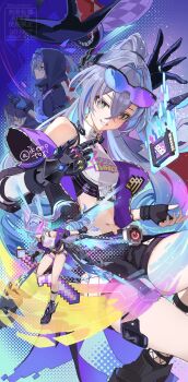 1girl bare_shoulders black_gloves commentary_request drill_hair drill_ponytail eyewear_on_head fingerless_gloves fishnet_socks fishnets gauntlets gloves gradient-tinted_eyewear grey_eyes grey_hair hair_between_eyes highres holographic_wings honkai:_star_rail honkai_(series) ikenotori infinity_gauntlet long_hair looking_at_viewer mechanical_gloves mechanical_tail navel purple-tinted_eyewear silver_wolf_(honkai:_star_rail) silver_wolf_(lv.999)_(honkai:_star_rail) single_fingerless_glove single_gauntlet single_mechanical_glove socks solo tail tinted_eyewear very_long_hair