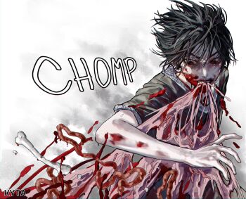 1boy arm_up black_eyes black_hair black_shirt blood blood_on_arm blood_on_face blood_splatter bone clenched_teeth eating flesh guro highres intestines kyta_5 male_focus messy_hair raw_meat red_pupils shadow_slave shirt short_hair solo sound_effects sunny_(shadow_slave) teeth