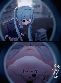 !? 1girl absurdres black_eyes blue_hair blue_jacket blue_necktie blue_panties blue_skirt blurry blurry_background blush body_writing bodypaint clitoris closed_mouth clothes_lift collared_shirt commentary_request do_you_want_to_pet_my_cat_(meme) eyepatch hatsune_miku highres jacket ladder lifting_own_clothes long_hair long_sleeves meme miniskirt monitoring_(vocaloid) navel necktie panties panty_pull peephole pleated_skirt pov_peephole presenting presenting_pussy pulling_own_clothes pussy_juice shirt skirt skirt_lift stepladder sweat translation_request twintails uncensored underwear unnunal_(unneonal) v-shaped_eyebrows vocaloid white_shirt