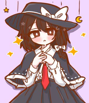 1girl :o anzu_cha709 black_capelet black_hat black_skirt blush blush_stickers bow brown_eyes brown_hair capelet collared_shirt crescent frilled_capelet frills hair_between_eyes hair_bow hat hat_bow highres long_sleeves looking_at_viewer necktie open_mouth own_hands_together shirt shirt_tucked_in short_hair skirt sleeve_cuffs solo sparkle star_(symbol) touhou usami_renko white_background white_bow white_shirt