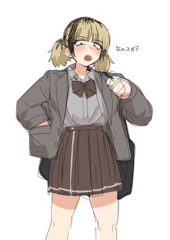 1girl bag blonde_hair blush bow bowtie half-closed_eyes highres jacket kaju_4 long_sleeves looking_at_viewer multicolored_hair open_mouth original pleated_skirt roots_(hair) school_bag school_uniform shirt short_hair short_twintails sketch skirt solo twintails white_background