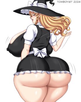 1girl :d artist_name ass black_hat black_skirt black_vest blonde_hair blush braid breasts cowboy_shot dated frilled_skirt frills from_behind half-closed_eyes hat hat_ribbon highres huge_ass huge_breasts kirisame_marisa long_hair looking_at_viewer looking_back miniskirt motion_lines open_mouth ribbon shaking shirt short_sleeves skirt smile solo thick_thighs thighs tomboyist touhou turtleneck turtleneck_shirt v-shaped_eyebrows vest white_ribbon white_shirt witch witch_hat yellow_eyes