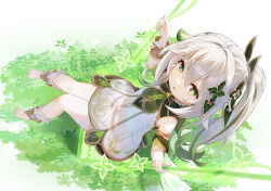Rule 34 | 1girl, absurdres, bare legs, bird feet (artist), bracelet, commentary, dress, flower-shaped pupils, genshin impact, gradient hair, grass, green eyes, green hair, hair ornament, highres, jewelry, long hair, looking at viewer, multicolored hair, nahida (genshin impact), open mouth, sleeveless, sleeveless dress, smile, solo, swing, symbol-shaped pupils, toeless footwear, white dress, white footwear, white hair
