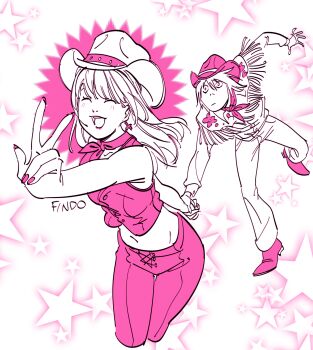 Rule 34 | 1boy, 1girl, absurdres, amane misa, artist name, assertive female, barbie (character), barbie (character) (cosplay), barbie (franchise), barbie (live action), bare arms, bare shoulders, boots, breasts, closed eyes, cosplay, cowboy hat, cropped legs, cropped vest, cross, cross earrings, death note, earrings, findoworld, fringe trim, full body, hair between eyes, hat, highres, holding hands, jacket, jewelry, ken (barbie), ken (barbie) (cosplay), l (death note), light blush, long hair, medium breasts, midriff, monochrome, nail polish, navel, neckerchief, open mouth, pants, pink boots, pink hat, pink nails, pink neckerchief, pink pants, short hair, smile, v, vest, white hat, white jacket, white pants