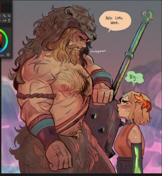 1boy 1girl bara beard character_request connected_beard english_text facial_hair full_beard hades_(series) hades_2 heracles_(hades) highres large_pectorals lion_hood long_beard looking_down mature_male muscular muscular_male mustache navel navel_hair nipples pectorals promsienn simple_background size_difference stomach thick_beard thick_eyebrows thick_mustache thick_navel_hair very_hairy