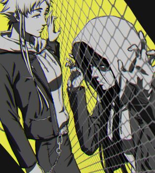 Rule 34 | 2girls, belt, bleach, bleach: sennen kessen-hen, chain, chain-link fence, chromatic aberration, commentary request, denim, fence, greyscale with colored background, hood, hoodie, jacket over hoodie, jeans, kotetsu isane, lido an0, long hair, multiple girls, pants, shaded face, short hair with long locks, unohana retsu, yellow background