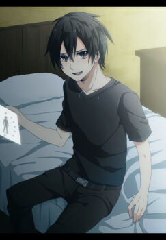 10s 1boy bad_id bad_nicoseiga_id bed black_eyes black_hair floating_screen keita_(tundereyuina) kirito letterboxed male_focus short_hair sitting solo sword_art_online