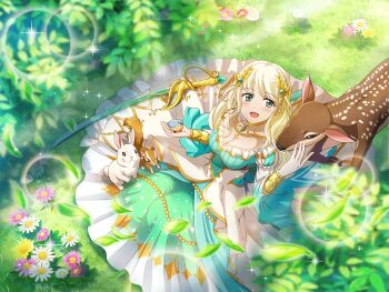 1girl bird bird_on_hand blonde_hair blurry blurry_foreground breasts cleavage deer dress flower game_cg green_dress green_eyes headpiece long_hair looking_at_viewer medium_breasts official_art open_mouth outdoors rabbit shoujo_kageki_revue_starlight shoujo_kageki_revue_starlight_-re_live- solo squirrel sword weapon yumeoji_shiori