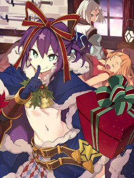Rule 34 | blue capelet, blue gloves, blue skirt, box, capelet, character request, christmas, closed mouth, commentary request, copyright request, finger to mouth, gift, gift box, gloves, green eyes, horizontal pupils, indoors, kirara fantasia, merry christmas, merry nightmare, midriff, navel, official art, orange hair, parted bangs, pointy ears, purple hair, shushing, skirt, sleeping, smile, stomach, sword, third-party source, weapon, white hair, window, yumekui merry