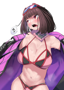 1girl bare_shoulders bikini black_gloves black_jacket blush breasts brown_hair cleavage fate/grand_order fate_(series) gloves goggles goggles_on_head highres jacket large_breasts long_hair looking_to_the_side low_twintails navel off_shoulder open_clothes open_mouth osakabehime_(fate) osakabehime_(swimsuit_archer)_(fate) osakabehime_(swimsuit_archer)_(first_ascension)_(fate) osakabehime_(swimsuit_archer)_(second_ascension)_(fate) pink_bikini pink_scarf red_eyes scarf ski_goggles solo swimsuit twintails very_long_hair yakuoyoso