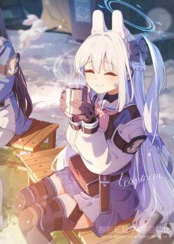 2girls adversarial_noise animal_ear_headphones animal_ears bench black_bow black_gloves blue_archive blue_halo blue_skirt bow braid closed_eyes commentary cup fake_animal_ears feet_out_of_frame gloves hair_bow hair_intakes half_up_braid halo hamanashi_(trapiorra) hands_up headphones highres holding holding_cup knee_pads knife_sheath long_hair long_sleeves miyako_(blue_archive) miyu_(blue_archive) multicolored_gloves multiple_girls neckerchief on_bench one_side_up out_of_frame outdoors pink_gloves pink_neckerchief pleated_skirt pouch pyonko_(blue_archive) rabbit_ear_headphones rabbit_ears sailor_collar school_uniform serafuku sheath signature sitting skirt smile snow solo_focus steaming_cup tactical_school_uniform two-tone_gloves very_long_hair white_hair white_rabbit_(animal) white_sailor_collar wooden_bench