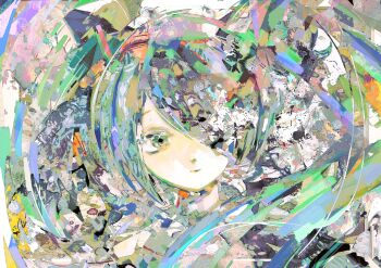 Rule 34 | 1girl, abstract, absurdres, closed mouth, commentary, expressionless, hair over one eye, hatsune miku, highres, looking at viewer, portrait, solo, tsukamoto anabone, untranslatable commentary, vocaloid