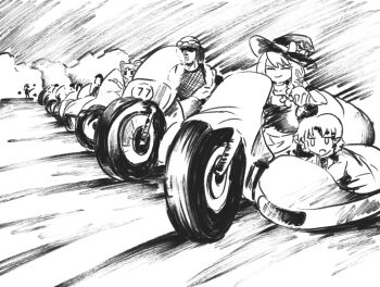 Rule 34 | 4girls, 6+boys, a-ha, bow, braid, chinese commentary, closed eyes, closed mouth, commentary request, cookie (touhou), daiyousei, diyusi (cookie), dust cloud, greyscale, hair bow, hat, helmet, highres, joker (cookie), kirisame marisa, kofji (cookie), long hair, manatsu no yo no inmu, mizuhashi parsee, monochrome, motor vehicle, motorcycle, motorcycle helmet, multiple boys, multiple girls, mushroomsucy, nazrin, on motorcycle, open mouth, pointy ears, shirt, short hair, sidecar, single braid, sketch, smile, sunglasses, suzu (cookie), take on me (a-ha), takuya (acceed), touhou, upper body, witch hat