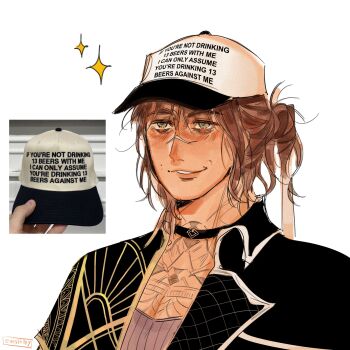 1girl baseball_cap black_choker black_jacket brown_hair chest_tattoo choker clair_obscur:_expedition_33 clothes_writing eaissilyysack green_eyes hair_bun hat highres jacket meme photo_inset portrait scar scar_on_face scar_on_nose sciel_(clair_obscur:_expedition_33) short_hair simple_background single_hair_bun solo sparkle tattoo white_background white_hat