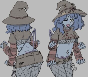 Rule 34 | 1girl, alternate costume, ass, back tattoo, blue eyes, blue hair, blue skin, breasts, brown shirt, brown shorts, choker, colored skin, cowboy shot, crop top, elden ring, extra arms, fishnet pantyhose, fishnets, grey background, hand on own hip, hat, highres, horizontal-striped sleeves, medium hair, micro shorts, one eye closed, open mouth, pantsu-ripper, panty straps, pantyhose, pubic tattoo, ranni the witch, shirt, shorts, simple background, small breasts, solo focus, standing, steepled fingers, striped sleeves, surprised, tattoo, thong, tramp stamp, underboob, wedgie, wide-eyed, witch hat