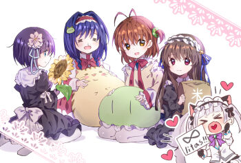 >_< 5girls :d adapted_costume air_(visual_novel) alternate_costume alternate_hairstyle antenna_hair back_bow bag black_bow black_dress black_gloves black_hair black_hairband blue_eyes blue_hair blue_ribbon blush blush_stickers bow bowtie braid brown_eyes brown_hair cat chinese_commentary clannad closed_mouth commentary_request company_connection crossover dango_daikazoku doruji dress eyelashes fang flower frilled_dress frilled_hairband frilled_shirt_collar frilled_sleeves frills frog_hair_ornament furukawa_nagisa gloves green_scrunchie grey_hair hair_between_eyes hair_bow hair_flower hair_intakes hair_ornament hair_ribbon hair_scrunchie hairband hairclip hand_up happy heart heart_in_mouth heaven_burns_red highres holding holding_bag holding_flower holding_sign juliet_sleeves kanon key_(company) knees_up konohana_lucia leaf little_busters! lliissaawwuu2 long_hair long_sleeves looking_at_viewer medium_hair minase_nayuki multiple_crossover multiple_girls neck_ribbon no_shoes notice_lines one_side_up open_mouth outline pantyhose parallel_hairclips pink_bow pink_bowtie profile puffy_sleeves red_bow red_bowtie red_dress red_eyes red_hairband red_ribbon rewrite ribbon runny_nose scrunchie shirt short_hair sign simple_background sitting skin_fang sleeve_bow sleeves_past_wrists smile snot split_mouth star_(symbol) star_hair_ornament sugawara_chie sunflower toono_minagi twin_braids twintails upper_body v-shaped_eyebrows wariza white_background white_bow white_flower white_outline white_pantyhose white_shirt wide_sleeves yellow_cat yellow_shirt |_|