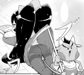 1boy 1girl accident accidental_exposure ashley_(warioware) ass black_hair book clothes_lift clothes_pull convenient_censoring devil floor greyscale horns long_hair lying monochrome nintendo on_floor on_stomach pointy_tail red_(warioware) screentones shirt_lift shirt_pull tokkyuu_mikan twintails warioware