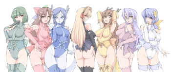Rule 34 | 6+girls, 95-tan, animal ears, armpits, arms behind head, ass, bad id, bad pixiv id, black leotard, blonde hair, blue eyes, blue hair, blue leotard, blue skin, blunt bangs, blush, boots, bow, breasts, bridal gauntlets, brown eyes, brown hair, colored skin, cowboy shot, daiginjou, dog ears, dragon girl, dragon horns, dragon tail, earrings, elbow gloves, embarrassed, everyone, fingerless gloves, futaba channel, glasses, gloves, green hair, green leotard, groin, hair ribbon, hand fan, hand on own hip, hand on shoulder, hip focus, horns, jewelry, kiri-san, kouryuu (nijiura maids), large breasts, leotard, long hair, looking back, mama-t, monster girl, multiple girls, necktie, nijiura maids, nt-tan, one-piece thong, one eye closed, os-tan, panties, pointy ears, purple hair, red eyes, red leotard, ribbon, ruriwo (ruriwo1894), seiryuu (nijiura maids), shibai (nijiura maids), short hair, sidelocks, simple background, tail, thigh boots, thighhighs, thong, underwear, white background, white leotard, wink, yellow eyes, yellow leotard