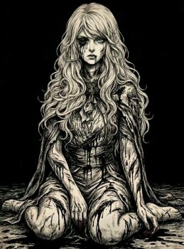 1girl artist_request barefoot bleeding blood blood_from_mouth bloody_tears blue_eyes brooch capelet cassie_(shadow_slave) frills full_body gouged_eye jewelry long_hair looking_at_viewer scar scar_on_arm scar_on_leg second-party_source shadow_slave sitting solo spot_color tunic vest wariza wavy_hair