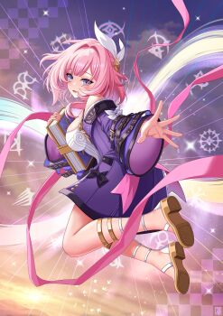 1girl absurdres blue_eyes book breasts coat commentary_request cyrene_(aedes_elysiae)_(honkai:_star_rail) cyrene_(honkai:_star_rail) dress highres holding holding_book honkai:_star_rail honkai_(series) large_breasts looking_at_viewer pink_hair purple_coat sandals short_hair soles solo thighs toes white_dress zekong_pioneer