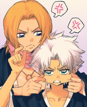 1boy 1girl :< ache_jiao_ache anger_vein aqua_eyes bleach blue_eyes cheek_pinching clenched_teeth commentary commentary_request english_commentary frown height_difference highres hitsugaya_toushirou matsumoto_rangiku medium_hair mixed-language_commentary orange_hair pinching pink_scarf scarf shihakusho teeth white_hair