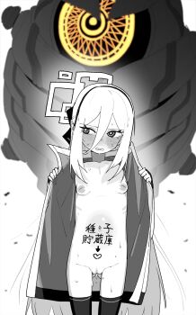 Rule 34 | 1girl, arrow (symbol), asahina yoshitoshi, averting eyes, blue archive, blush, body writing, breasts, cowboy shot, hair between eyes, hairband, halo, heart, highres, inverted nipples, jacket, kei (blue archive), long hair, navel, non-humanoid robot, nude, open clothes, open jacket, opened by self, pussy, pussy juice, rectangular halo, robot, small breasts, stomach, thighhighs, translation request, very long hair