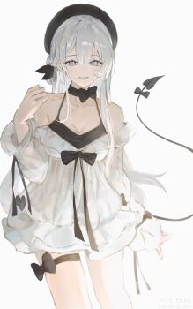 1girl absurdres artist_name bare_shoulders black_hat black_ribbon breasts cleavage collarbone commentary cowboy_shot demon_tail detached_sleeves double-parted_bangs dress fuyutsuki11 grey_eyes hair_between_eyes hair_over_shoulder hand_up hat highres large_breasts leg_ribbon long_hair long_sleeves milaya_(fuyutsuki11) neck_ribbon original ribbon simple_background smile solo symbol-only_commentary tail teeth thigh_ribbon white_background white_dress white_sleeves