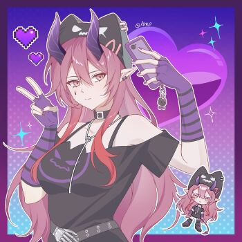 1girl amo20839453 arknights ascalon_(arknights) bare_shoulders belt belt_buckle belt_collar black_belt black_collar black_hat black_shirt border buckle cellphone chibi chibi_inset chinese_commentary closed_mouth collar commentary_request ear_piercing elbow_gloves fingerless_gloves fingernails gloves gradient_hair hair_between_eyes hat heart highres holding holding_phone horns long_hair multicolored_hair nail_polish off_shoulder outline outside_border phone piercing pink_eyes pink_hair pixel_heart pointy_ears punk purple_border purple_gloves purple_horns purple_nails red_hair selfie shirt smartphone solo sparkle streaked_hair teardrop_facial_mark upper_body v white_outline