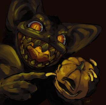 Rule 34 | :d, absurdres, animal, animal focus, creature, grin, highres, holding, holding pumpkin, leuk regnaro, no humans, open mouth, orange eyes, pointing, pumpkin, shadow slave, sharp teeth, slit pupils, smile, teeth