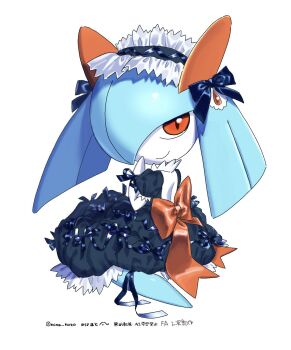 Rule 34 | alternate color, artist name, black bow, black dress, blue hair, bow, commentary request, dress, frilled hairband, frills, gen 3 pokemon, hair bow, hairband, highres, horns, kirlia, looking at viewer, mina hoto, nintendo, orange eyes, pokemon, pokemon (creature), red bow, shiny pokemon, sidelocks, simple background, smile, white background