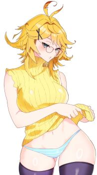 Rule 34 | 1girl, ahoge, aqua eyes, black thighhighs, blue panties, breasts, commentary, cowboy shot, dokibird, glasses, indie virtual youtuber, medium breasts, medium hair, navel, panties, ramwing1, shirt, simple background, solo, striped clothes, striped panties, symbol-only commentary, thighhighs, underwear, virtual youtuber, white background, yellow shirt