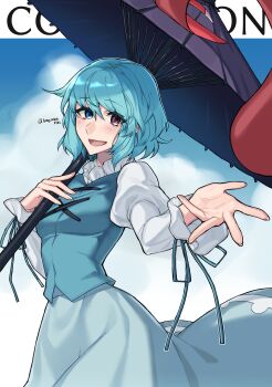 1girl absurdres aqua_vest artist_name blue_eyes blue_hair breasts collared_shirt commission frilled_shirt_collar frills grey_skirt hands_up heterochromia highres himadera holding holding_umbrella long_sleeves oil-paper_umbrella open_mouth puffy_sleeves red_eyes shirt short_hair skirt small_breasts smile solo tatara_kogasa touhou twitter_username umbrella vest white_shirt