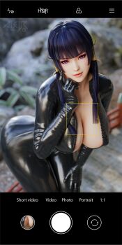1girl 3d akiryo ass black_eyes black_hair breasts camera cellphone cleavage dead_or_alive hair_ribbon hand_on_own_face highres jacket large_breasts leather leather_jacket long_hair looking_at_viewer mole mole_under_mouth neck nyotengu outdoors phone ribbon smartphone solo thighs