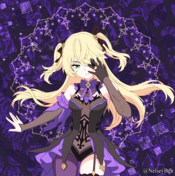 >:) 1girl asymmetrical_legwear black_bow black_dress black_gloves black_thighhighs blonde_hair bnelsey bow bowtie breasts brooch colored_eyepatch commentary cowboy_shot dress english_commentary eyepatch fischl_(genshin_impact) floating_hair floral_background garter_straps genshin_impact gloves green_eyes hair_bow hand_on_own_face head_tilt jewelry layered_dress long_hair looking_at_viewer mismatched_legwear paid_reward_available pantyhose patterned_background purple_background purple_bow purple_bowtie purple_dress purple_pantyhose single_garter_strap single_glove single_leg_pantyhose small_breasts solo thighhighs twitter_username two-tone_dress two_side_up uneven_legwear v-shaped_eyebrows