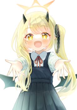 1girl :d black_dress black_horns black_ribbon black_wings blonde_hair blue_archive blush bright_pupils collared_shirt commentary_request demon_girl demon_horns demon_wings dress hair_ribbon halo highres horns ibuki_(blue_archive) long_hair long_sleeves looking_at_viewer low_wings neck_ribbon open_mouth outstretched_arms partial_commentary pinafore_dress pleated_dress reaching reaching_towards_viewer red_ribbon ribbon shirt simple_background sleeveless sleeveless_dress smile solo straight-on suchiimu very_long_hair white_background white_pupils white_shirt wings yellow_eyes yellow_halo