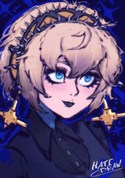 1girl absurdres aigis_(persona) android artist_name black_eyeshadow black_lips black_shirt black_vest blonde_hair blue_background blue_eyes blush collared_shirt earrings eyeliner eyeshadow gold_earrings goth_fashion hairband hatidraw headgear highres inverted_cross_earrings jewelry makeup persona persona_3 robot_girl shirt short_hair signature solo sparkle sparkle_background spiked_hairband spikes vest