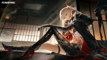 Rule 34 | 1girl, absurdres, alpha: crimson weave (tsubaki) (pgr), alpha (pgr), alternate costume, asymmetrical legwear, breasts, earrings, fire, flower tattoo, fur-trimmed jacket, fur trim, hair ornament, heterochromia, highres, indoors, jacket, jacket on shoulders, jewelry, legband, light smile, looking at viewer, medium breasts, official alternate costume, official art, official wallpaper, on ground, punishing: gray raven, red eyes, sitting, smile, solo, stomach tattoo, tattoo, white hair, yellow eyes