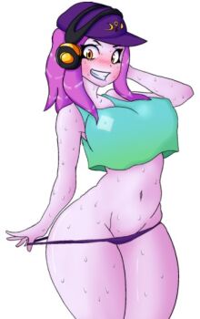 artist_request baseball_cap blush breasts character_request grin hat headphones large_breasts nipples_through_clothes orange_eyes panties panty_pull pink_hair pulled_by_self purple_headwear purple_panties roblox smile source_request sweat thick_thighs thighs underwear