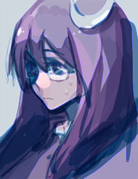 Rule 34 | 1girl, bespectacled, crescent, crescent hair ornament, female focus, glasses, hair ornament, long hair, patchouli knowledge, purple eyes, purple hair, purple theme, sketch, solo, sweatdrop, tima, touhou, upper body