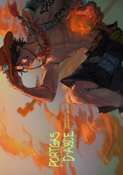 1boy absurdres bead_necklace beads belt black_hair black_shorts character_name commentary_request fire grin hat highres jewelry male_focus necklace one_piece orange_belt orange_hat plytometo portgas_d._ace pyrokinesis shorts sideways smile solo topless_male