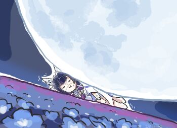 1girl :i =_= black_hair chibi closed_eyes columbina_(genshin_impact) dress genshin_impact highres long_sleeves moon solo squishing white_dress xinzoruo