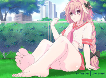 1boy ass astolfo_(fate) astolfo_(sailor_paladin)_(fate) barefoot commentary crop_top day english_commentary fate/apocrypha fate/grand_order fate_(series) feet foot_focus foreshortening grass hair_intakes long_hair looking_at_viewer male_focus multicolored_hair official_alternate_costume outdoors patreon_username pink_hair presenting_foot purple_eyes red_sailor_collar sailor_collar school_uniform serafuku sitting sky soles solo streaked_hair toes trap tree white_hair zorzero