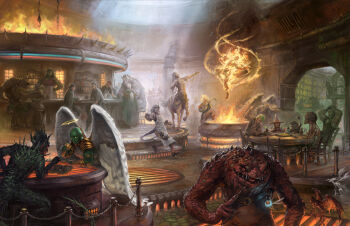 6+boys 6+girls 6+others angel angel_wings angry antennae apron arm_on_another&#039;s_shoulder arm_on_table armlet armor bald bald_female bar_(place) bar_stool beak beer_mug belt belt_buckle bird_wings black_hair black_shoes board_game brain brazier breasts brown_belt brown_shirt buckle cape centaur chain chalice chess cleavage cobblestone coin colored_sclera colored_skin cup demon demon_horns demon_tail drinking dungeons_&amp;_dragons dungeons_&amp;_dragons elbow_spikes elf exposed_brain fantasy feathered_wings female_orc fire glowing glowing_eyes gnoll gold_armlet gold_bracer gold_coin grate green_cape green_hair green_skin grey_shirt hair_tubes halfling halo hat head_spikes highres holding holding_instrument holding_tray hook horns hyena_boy hyena_ears hyena_tail ignis_(planescape_torment) imp indoors instrument laughing lute_(instrument) monster mug multiple_boys multiple_girls multiple_others muscular muscular_female official_art orc pauldrons pink_hair planescape:_torment pointy_ears red_sclera sharp_teeth shirt shoes shoulder_armor shoulder_spikes single_hair_tube sitting slaad slit_pupils spikes spilling stool surprised table tail taur teeth tentacles tiefling tray tusks waitress white_hair white_wings wingbuffet wings witch_hat yellow_halo