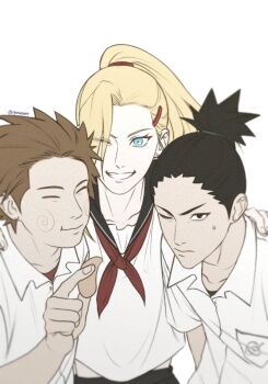 Rule 34 | 1girl, 2boys, akimichi chouji, black eyes, black hair, blonde hair, blue eyes, breast pocket, brown hair, chewing, chips (food), closed eyes, closed mouth, collared shirt, earrings, eating, facial mark, food, gon012607, hair ornament, hair tie, hairclip, highres, holding, holding food, jewelry, konohagakure symbol, long hair, multiple boys, nara shikamaru, naruto (series), naruto shippuuden, neckerchief, one eye closed, parted lips, pocket, ponytail, potato chips, red neckerchief, red shirt, sailor collar, shirt, shirt under shirt, simple background, stud earrings, sweatdrop, twitter username, upper body, white background, white shirt, yamanaka ino