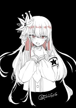 1girl absurdres armband black_background collared_shirt flower hair_flower hair_ornament hands_on_own_neck hands_up highres long_hair long_sleeves looking_at_viewer mahou_shoujo_no_majo_saiban necktie nikaido_hiro open_mouth partially_colored shirt solo souya_(phi6os) tears twitter_username upper_body