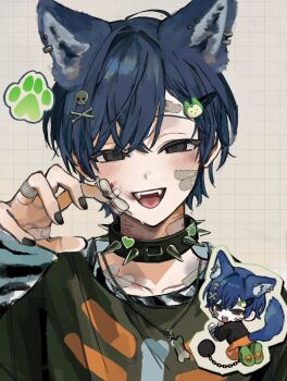 1boy animal_ear_piercing animal_ears bandaid bandaid_on_cheek bandaid_on_face bandaid_on_finger bandaid_on_hand bandaid_on_neck black_eyes black_nails blue_hair bone_necklace charisma_house chibi chibi_inset chikotsu_hone claw_pose collar collarbone commentary crossed_bangs fangs gauze gauze_on_cheek hair_between_eyes hair_ornament hairclip hand_up highres male_focus motohashi_iori official_alternate_costume open_mouth paw_print short_hair simple_background skull_and_crossbones spiked_collar spikes symbol-only_commentary tail wolf_ears wolf_tail