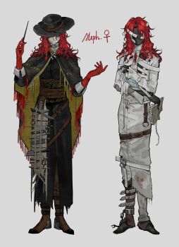 2girls absurdres aleph_(reverse:1999) black_cape black_coat black_gloves black_hat black_mask black_shoes book boots brown_boots cape character_name coat commentary_request covered_face cracked_mask dual_persona facing_viewer full_body genderswap genderswap_(mtf) gloves grey_background hands_up hat highres holding holding_book holding_wand long_hair long_skirt merlin_(reverse:1999) multiple_girls pants pants_under_skirt red_gloves red_hair reverse:1999 scalpel shirt shoes skirt standing surgical_scissors syringe tool_kit wand white_mask white_shirt white_skirt yi_ke_mantou