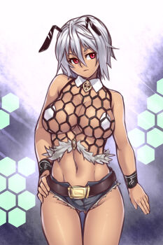 1girl antennae arthropod_girl bare_shoulders bee_girl breasts collar denim denim_shorts female_focus fishnet_top fishnets highres honeycomb_(pattern) honeycomb_background honeycomb_pattern houtengeki insect_girl large_breasts monster_girl navel original pasties pink_eyes revealing_clothes short_hair short_shorts shorts silver_hair solo thigh_gap thighs