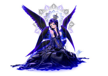 &gt;:) 1girl aqua_eyes bare_shoulders black_dress black_hair black_wings blue_eyes blue_hair circle crown dress elbow_gloves feathered_wings female_focus fishnet_gloves fishnets gem gloves hair_ornament head_tilt long_hair looking_at_viewer marco_albiero matching_hair/eyes multiple_wings original pearl_(gemstone) signature sitting solo v-shaped_eyebrows v_arms white_background wings